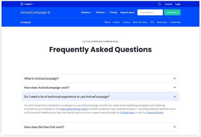 صفحه سوالات متداول یا FAQ سایت ActiveCampaign با ظاهری ساده